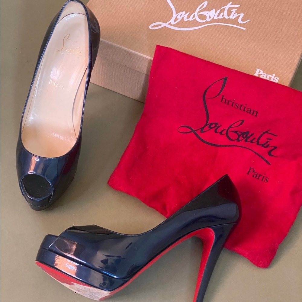 Blue patent leather Christian Louboutin peep-toe platform pumps includes box